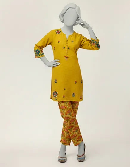 Yellow Lawn Embroidered Stitched 2PC