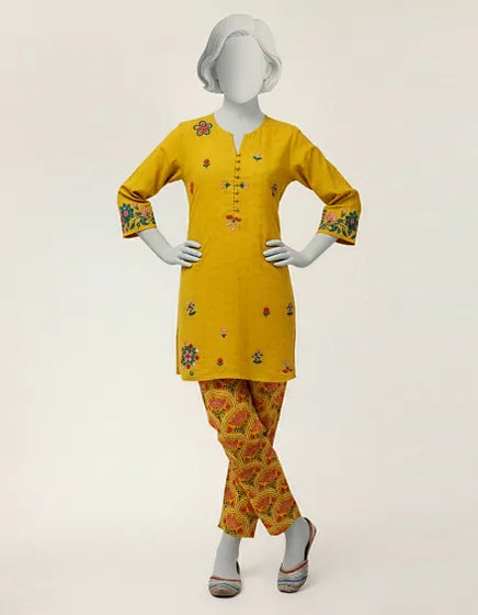 Yellow Lawn Embroidered Stitched 2PC