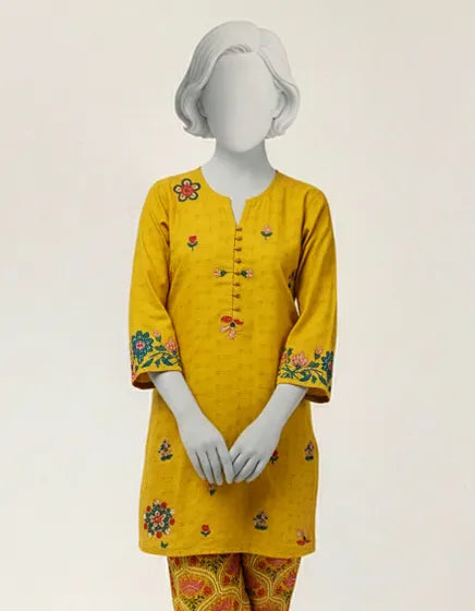Yellow Lawn Embroidered Stitched 2PC