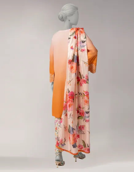 Orange Lawn Schiffli 3PC Stitched
